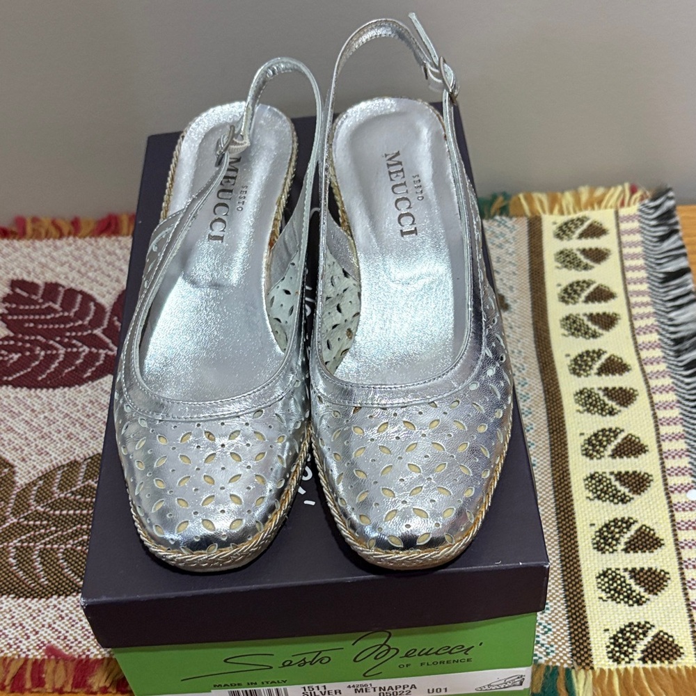 Sesto Meucci Silver Perforated Leather Women's Wedge Shoes Sz 5 M Italy